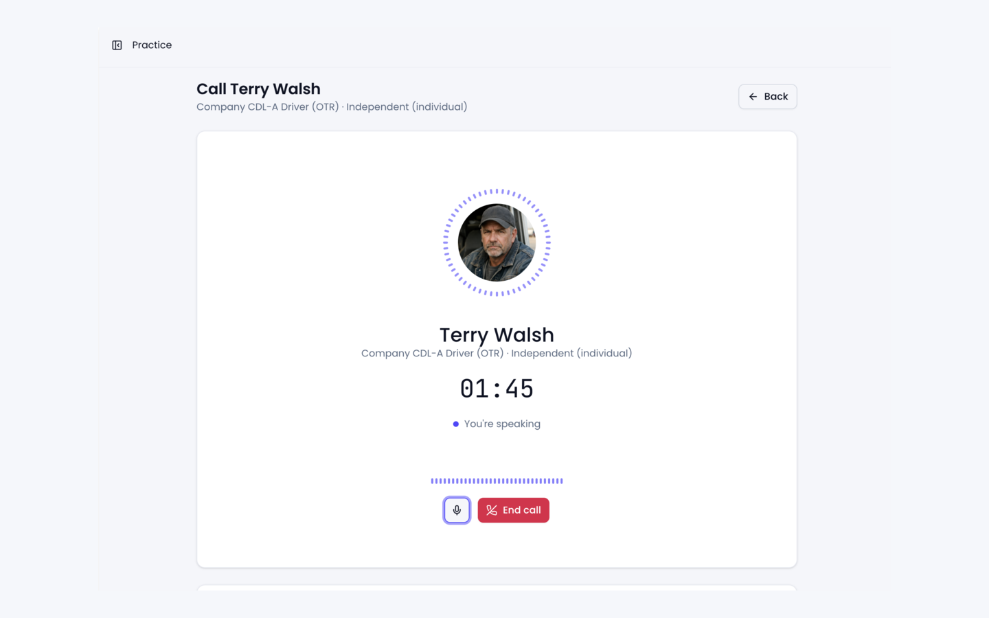 Freqo live practice call screen with an AI persona