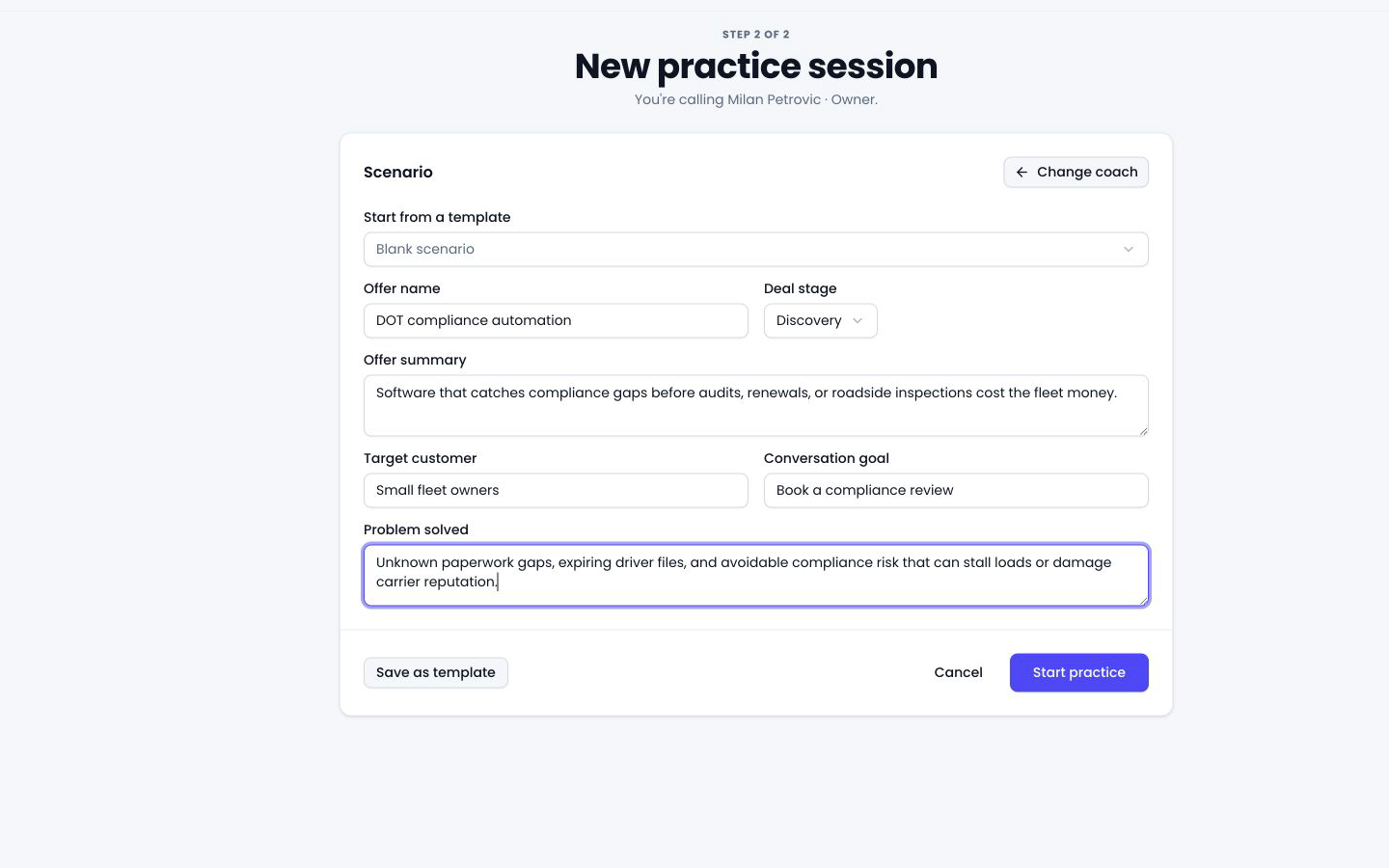 Freqo scenario setup screen with offer, stage, and goal fields