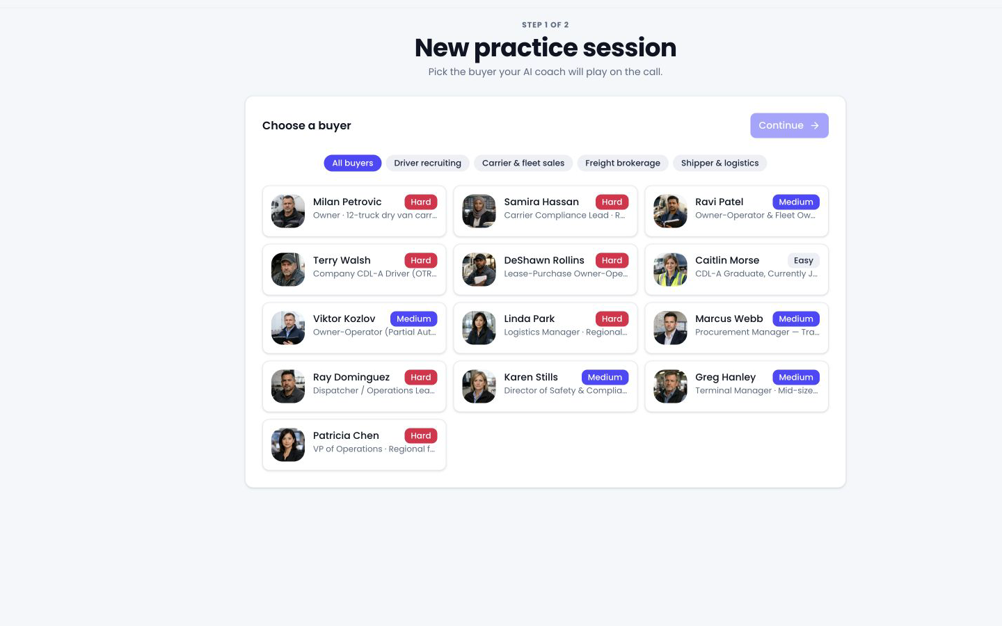Freqo practice setup screen with buyer personas